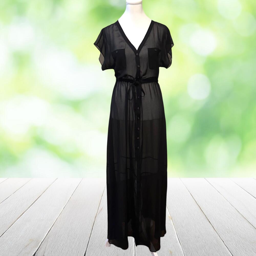 RACHEL ROY Sheer Maxi Shirt Dress Duster Black Chiffon Button Front Ethereal XS